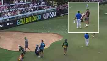 Watch horror moment caddie is nearly knocked out at LIV Golf event after jubilant fans throw water bottles on to green
