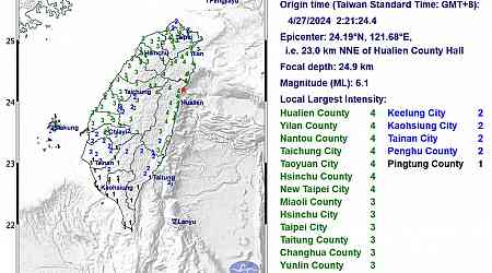Magnitude 6.1 earthquake jolts eastern Taiwan