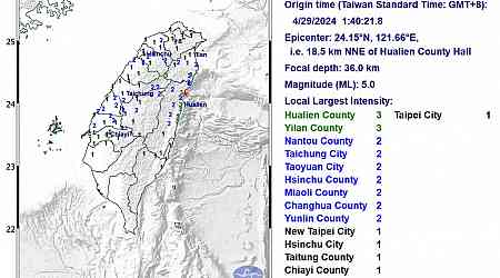Magnitude 5 earthquake strikes eastern Taiwan