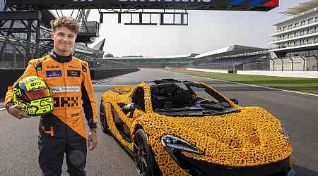 Lando drives incredible Life-sized LEGO McLaren P1 for a lap around the Silverstone Circuit