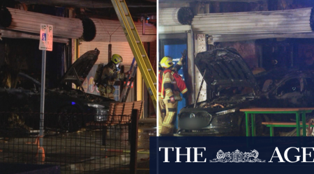 Fiery smash as car ploughs through a Melbourne barber shop