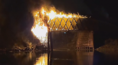 Video shows historic bridge in Kamloops, B.C., collapsing after fire