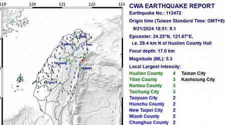 Magnitude 5.3 earthquake strikes eastern Taiwan