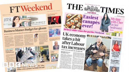 Newspaper headlines: 'Business blames budget' and 'UK economy takes hit'