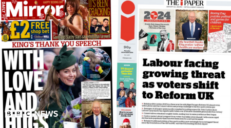 Newspaper headlines: 'Love and hugs' for Kate and 'Shift to Reform'