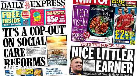 Newspaper headlines: Social care 'cop-out' and 'Nice Littler earner'