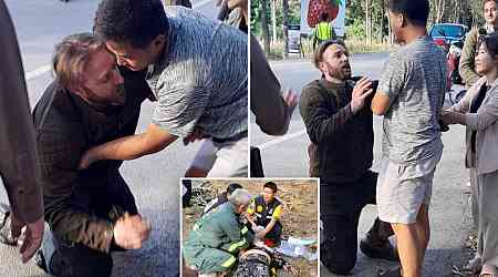 American tourist riding dirt bike in Thailand falls to his knees at learning pedestrian he hit had died