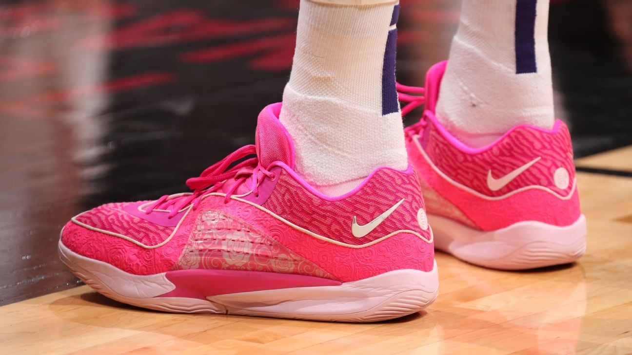 Kevin Durant dons all-pink colorway of the Nike KD 16 in Brooklyn return