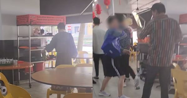 Woman trashes tray return station at Sembawang coffee shop, swings fist at passer-by