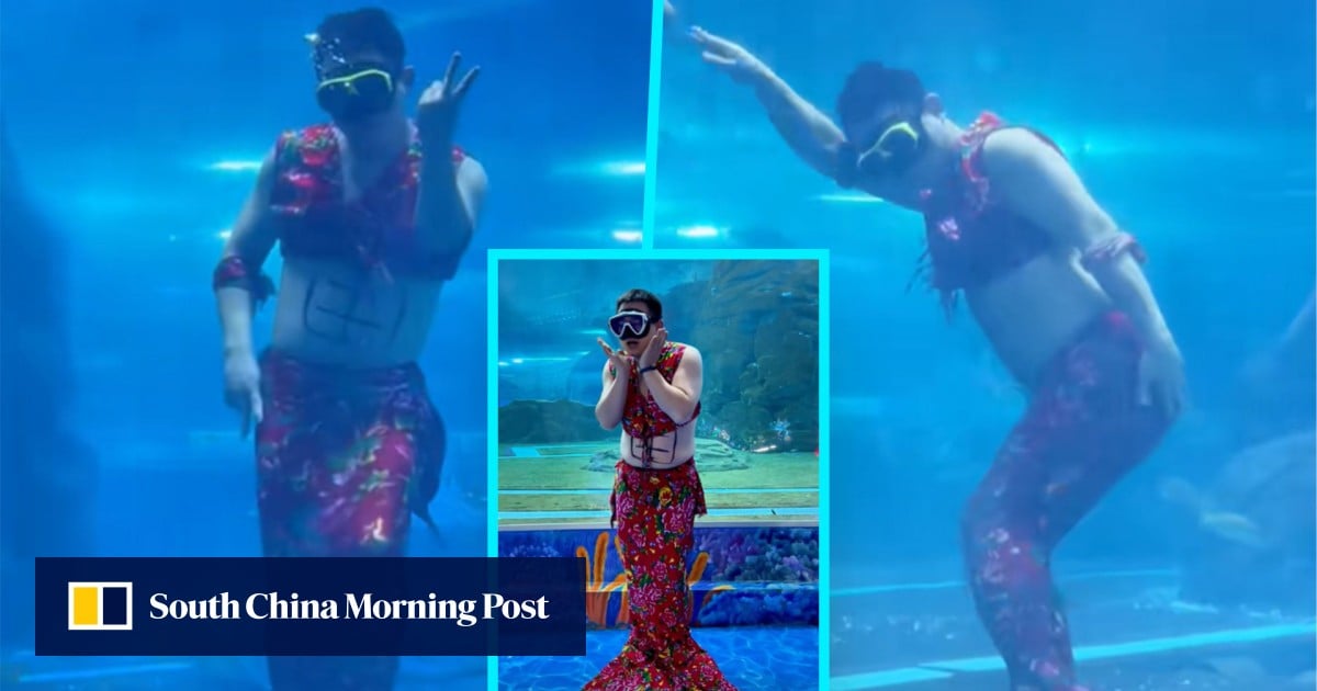 Enchanting merman: chubby male mermaid at China theme park becomes overnight sensation by shaking belly, making funny faces at visitors