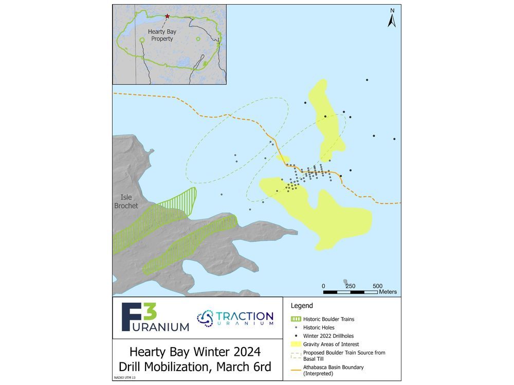 Traction and F3 Mobilize Drill to Hearty Bay to Test New Targets at Head of Uranium Boulder Field