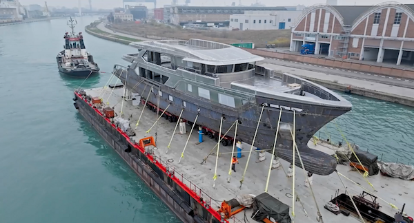 45 metre CdM flagship super yacht RJ II moved to outfitting