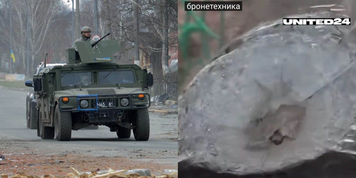 A video from Ukraine shows how the powerful armor on a US-built Humvee saved a soldier from Russian shrapnel