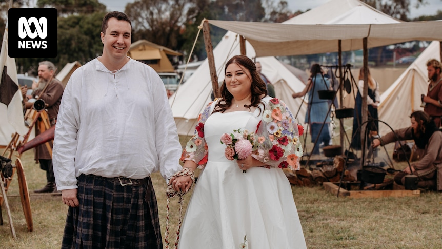 Couple marry in ceremony at medieval fair that 'literally ties bride and groom together' as alternative weddings bloom
