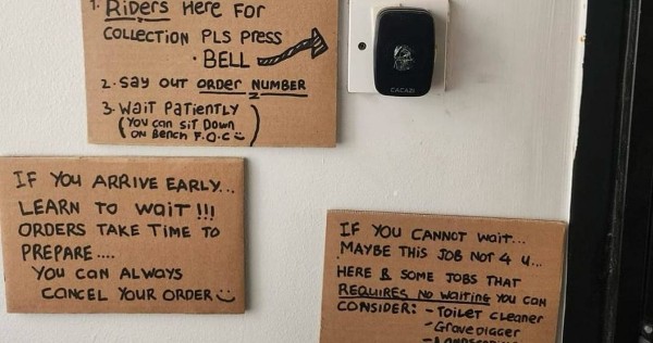 Home-based business gets called out online for 'rude and degrading' signs towards food delivery riders