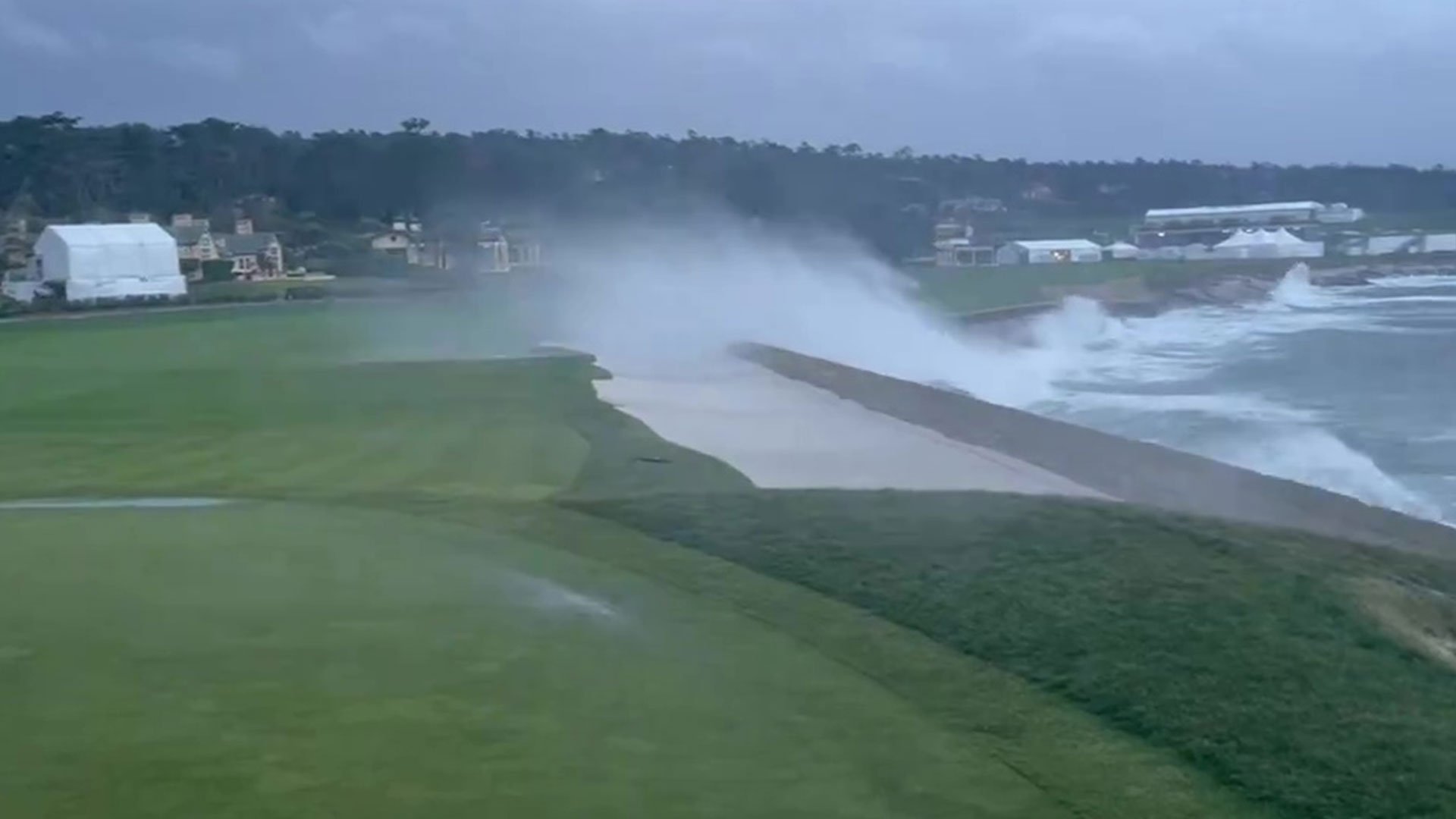 Incredible video shows giant waves flooding golf course at Pebble Beach as final round of Pro-Am is POSTPONED