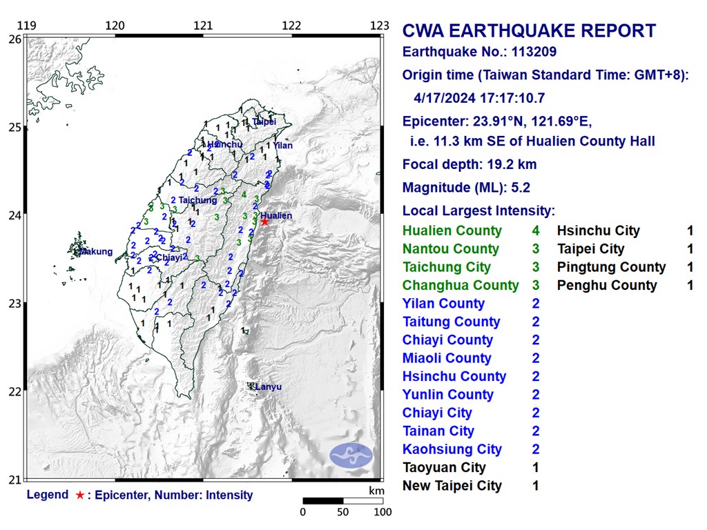 Magnitude 5.2 earthquake strikes off eastern Taiwan