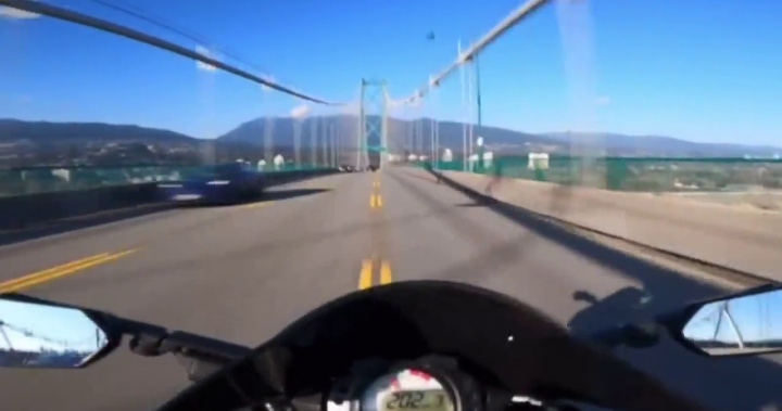Shocking video shows motorcyclist speeding and weaving on Vancouver bridge