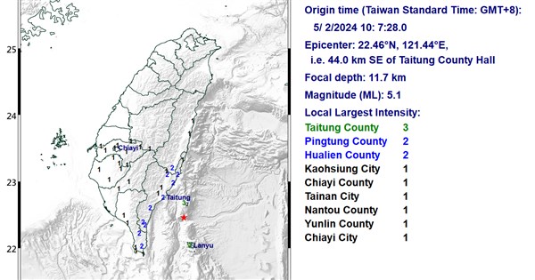 Magnitude 5.1 earthquake rattles eastern Taiwan