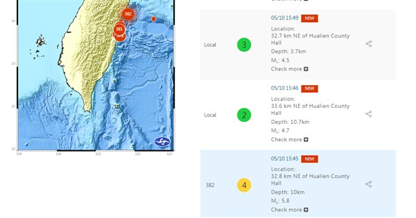 Magnitude 5.8 earthquake rattles eastern Taiwan