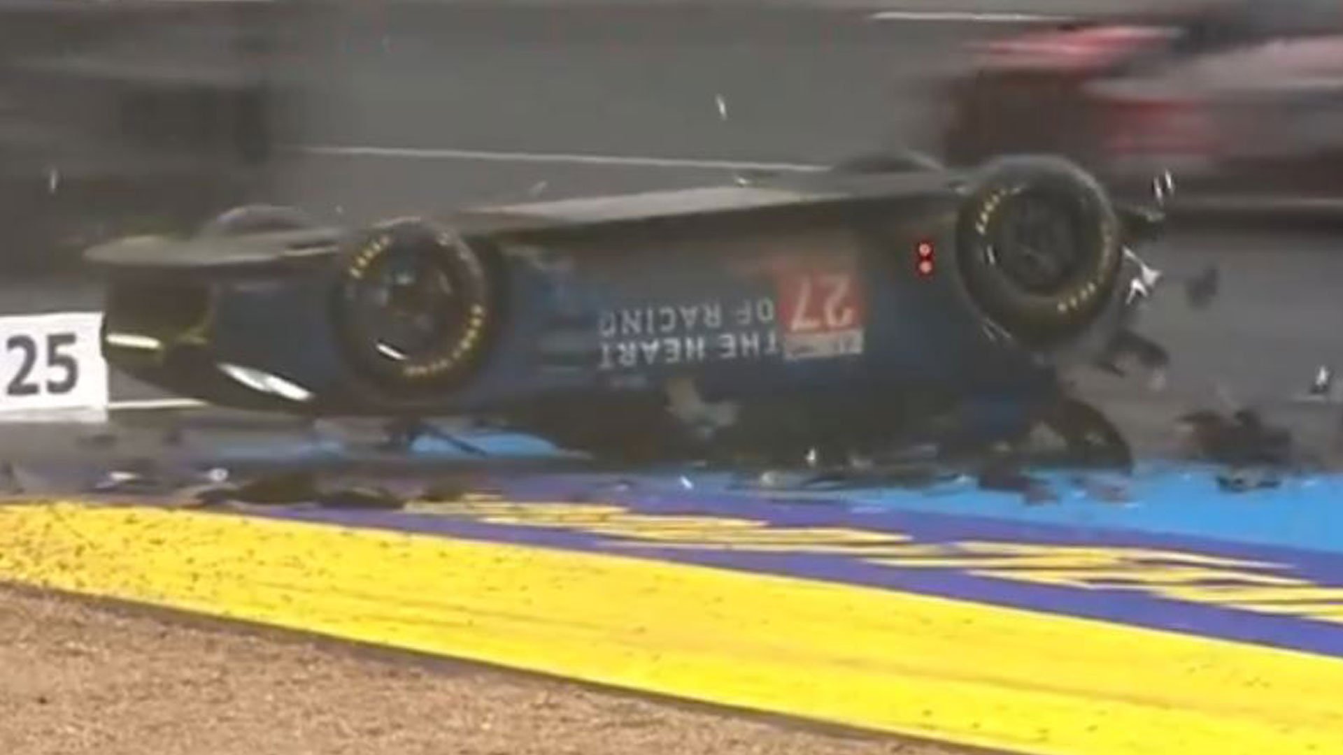 Horror crash as car spins out of control and flips upside down on infamous corner at 70mph during Le Mans 24 hour race