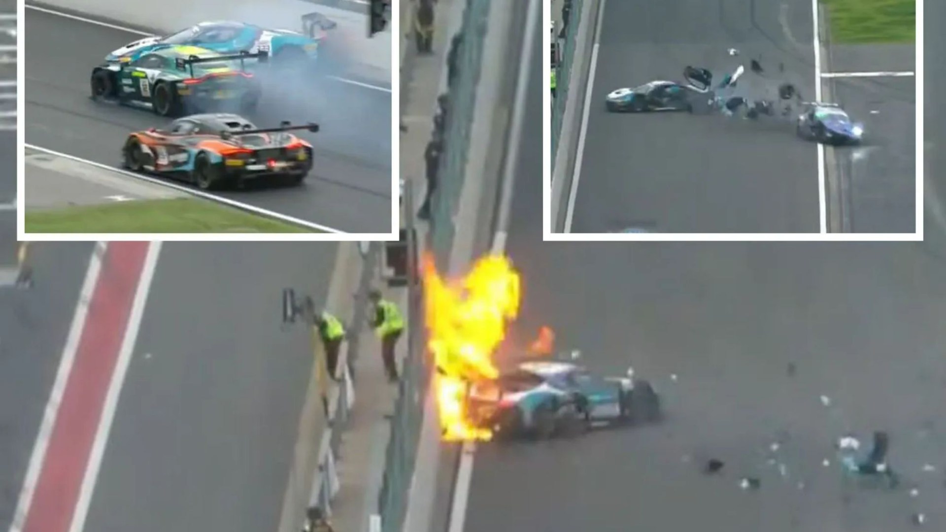 Horror crash sees race car burst into flame after rival smashes into him at 125mph and stewards are forced to flee