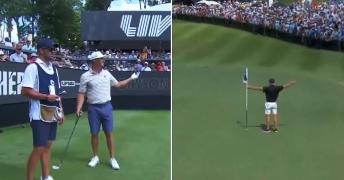 LIV Golf CEO Greg Norman storms green as baffled Bryson DeChambeau prepares to hit