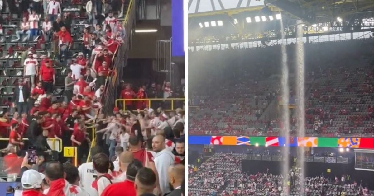 Turkey and Georgia thugs fight in the stands as Euro 2024 stadium roof leaks