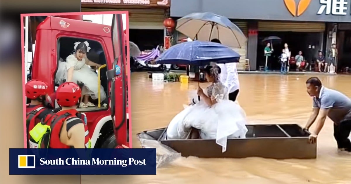 Unstoppable: China couple forge ahead with wedding despite floods, use boat, fire engine