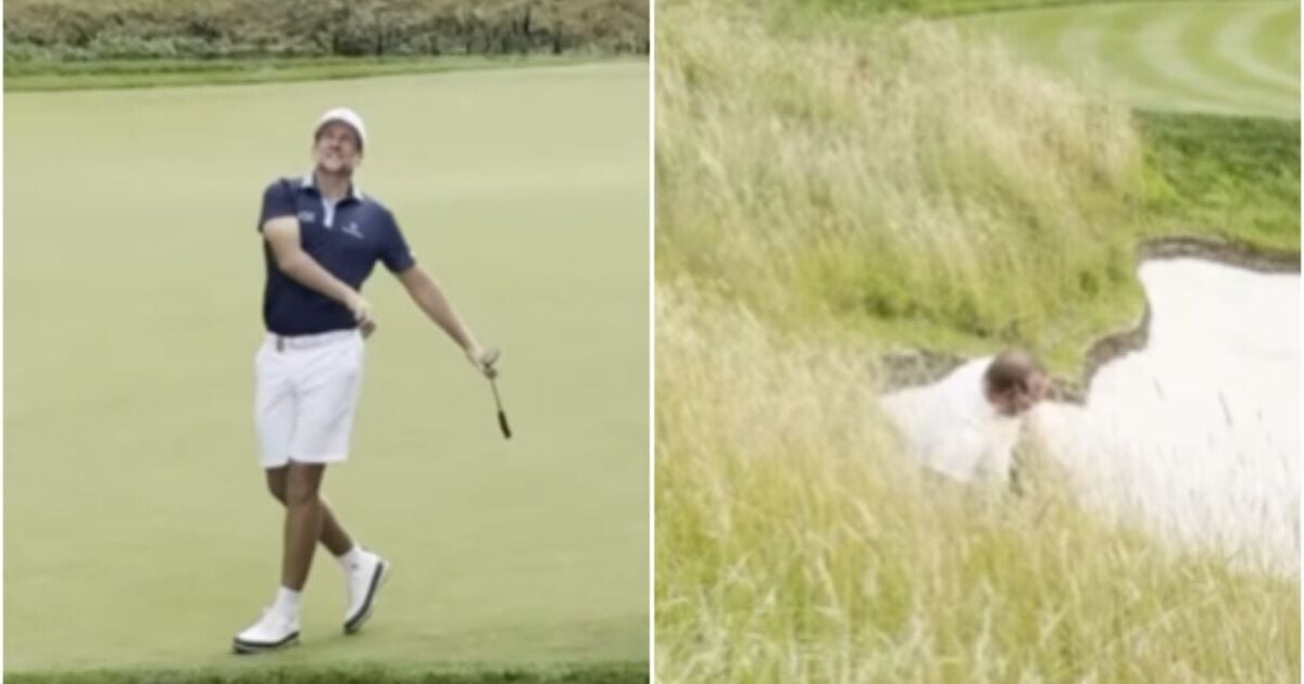 LIV Golf event takes chaotic turn as Ian Poulter sends fan hurtling towards bunker