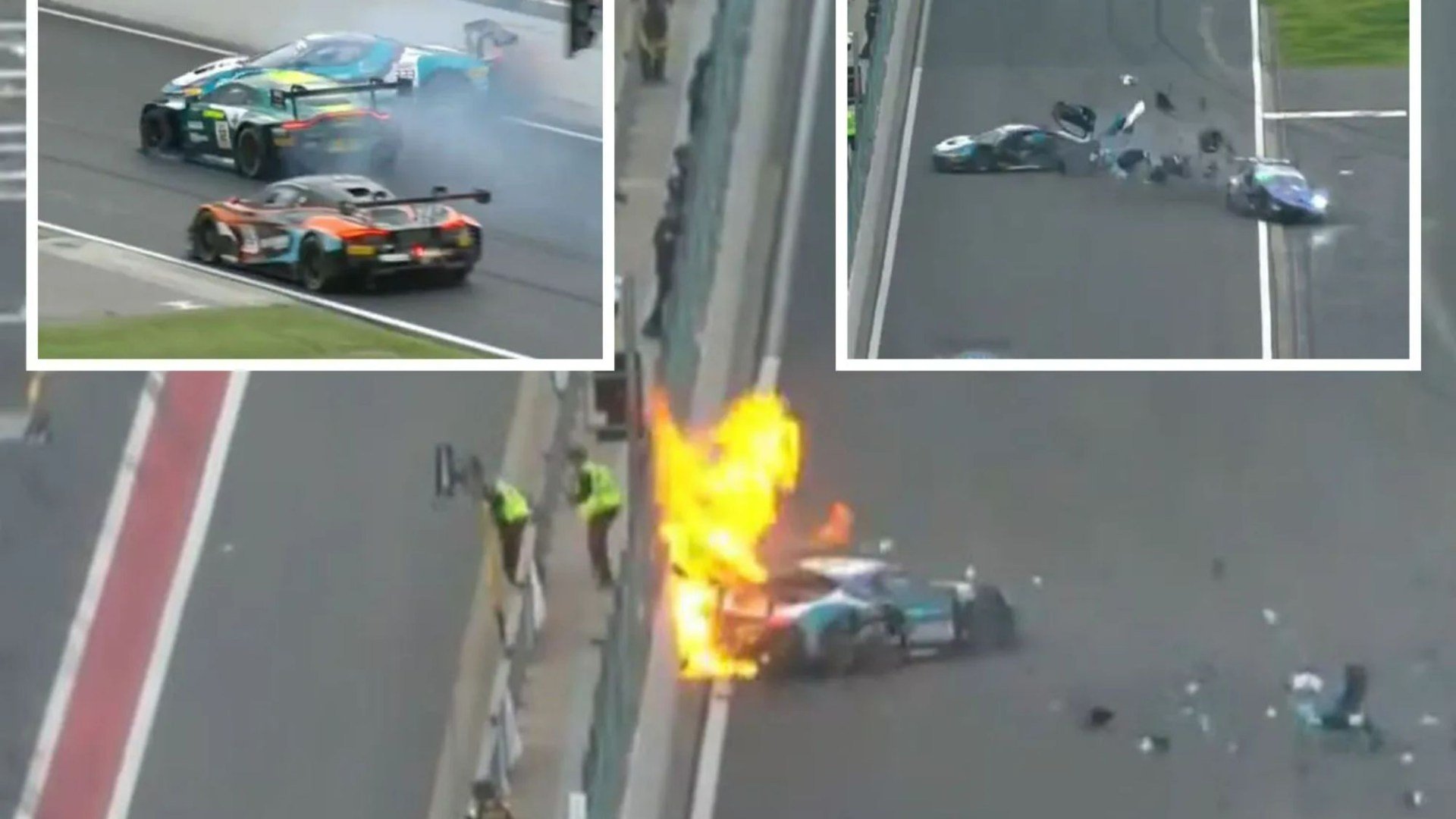 Terrifying moment race car bursts into flame after rival smashes into it in 125mph horror crash as stewards flee