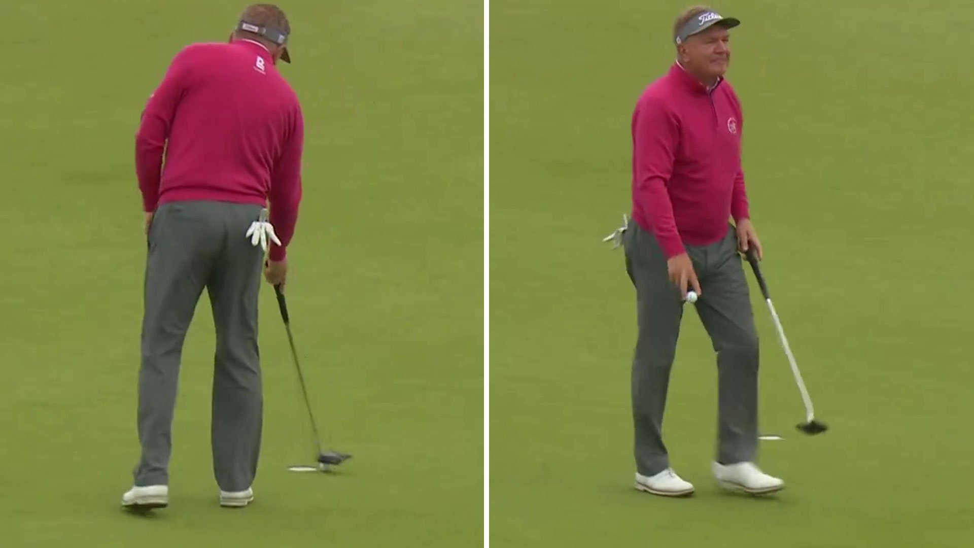 Watch incredible moment former Ryder Cup star completely misses the ball for a tap-in at the Seniors Open at Carnoustie
