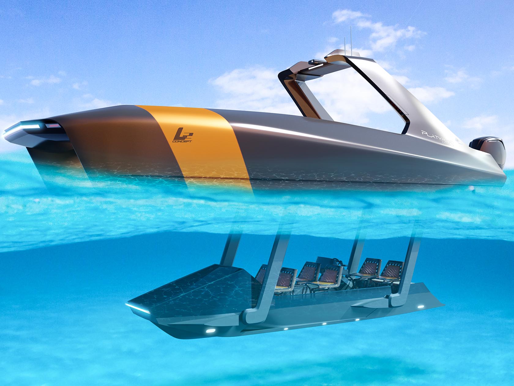 This watercraft turns into a submersible as the seating compartment lowers down underwater