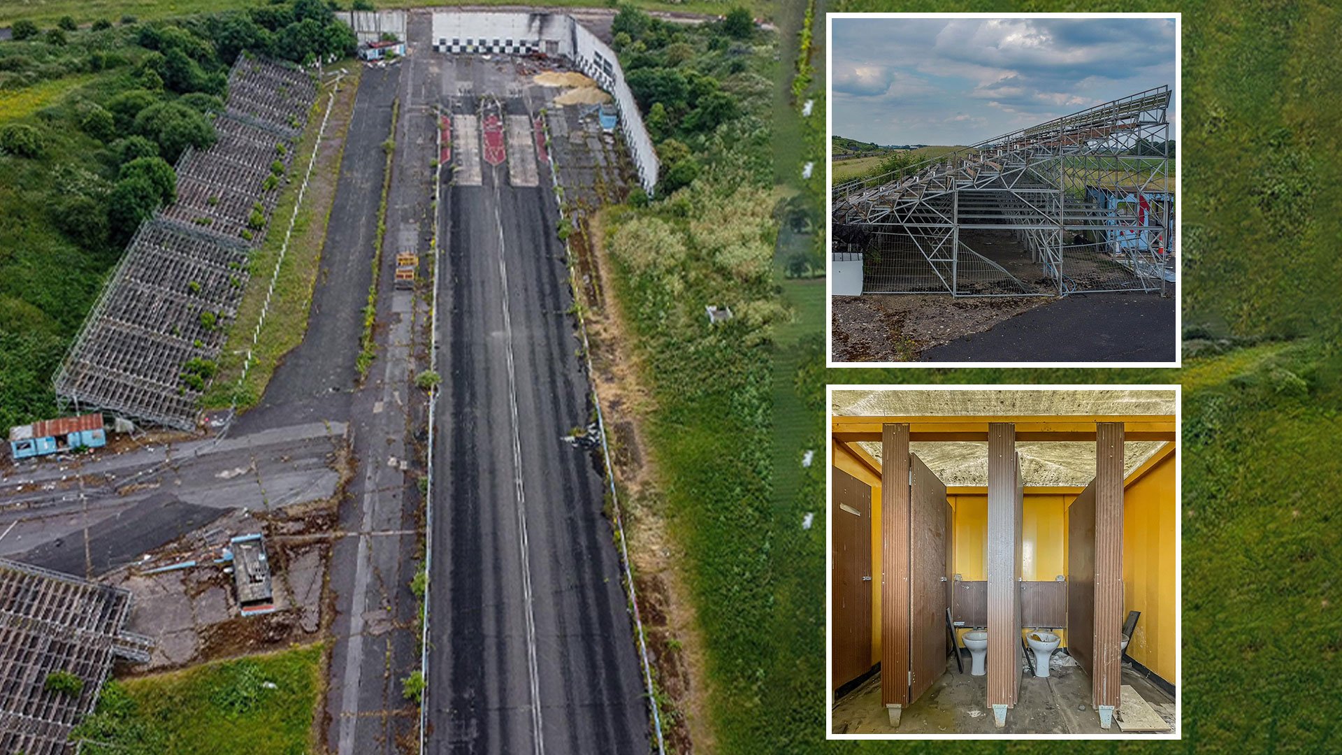 Inside abandoned race track named after writer and left to rot with weeds growing in grandstand and start lines in tact