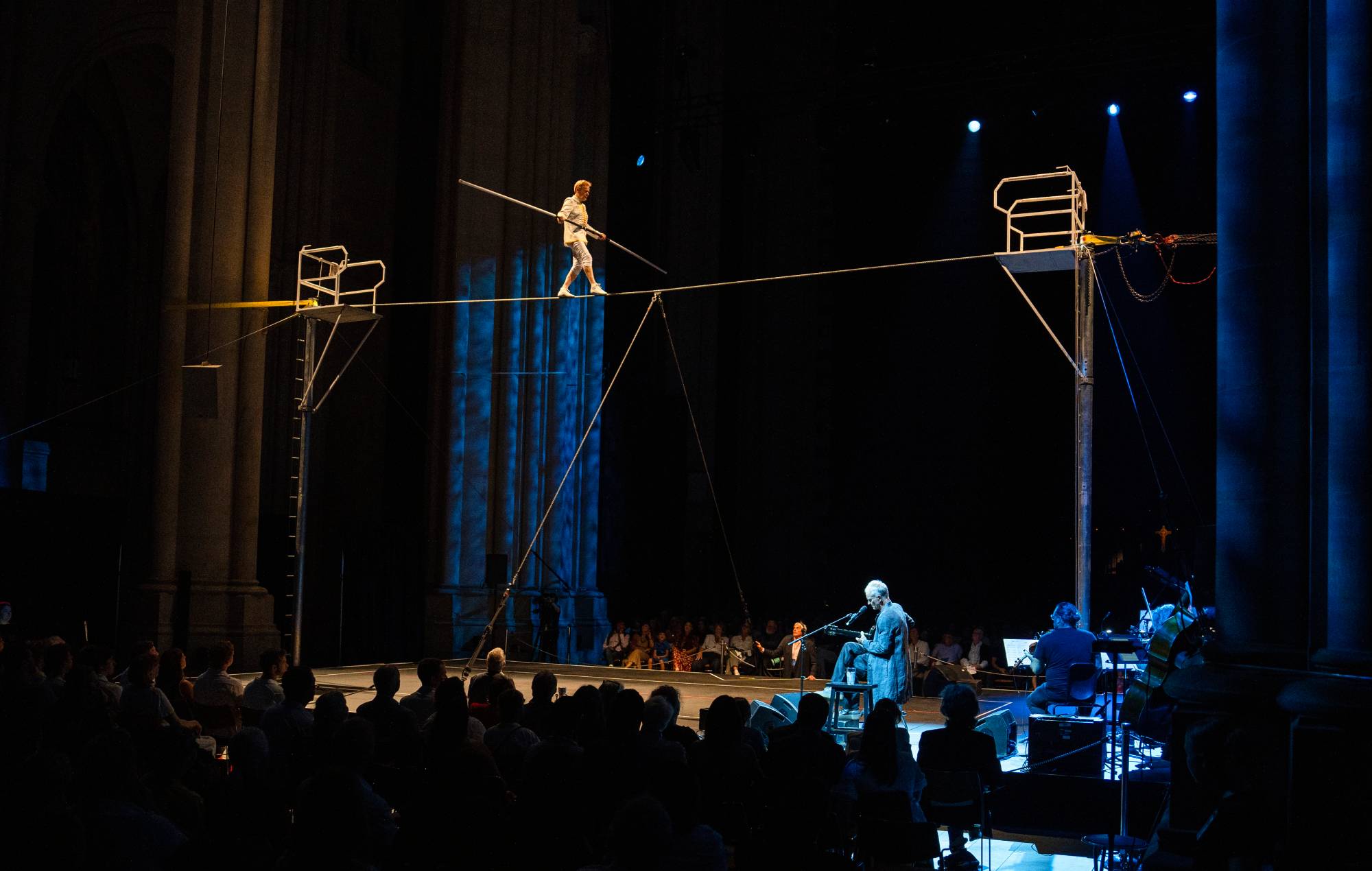 Watch Sting perform as Philippe Petit recreates Twin Towers highwire stunt