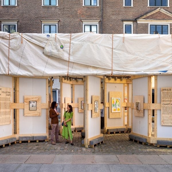 Chart exhibits artworks in pavilion made from recycled ship sails