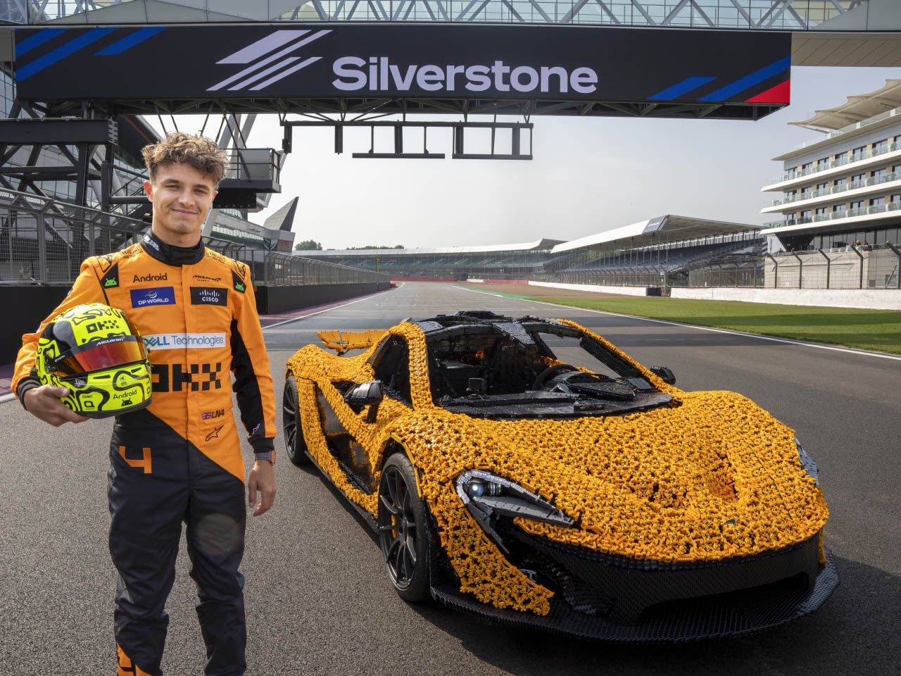 Lando drives incredible Life-sized LEGO McLaren P1 for a lap around the Silverstone Circuit