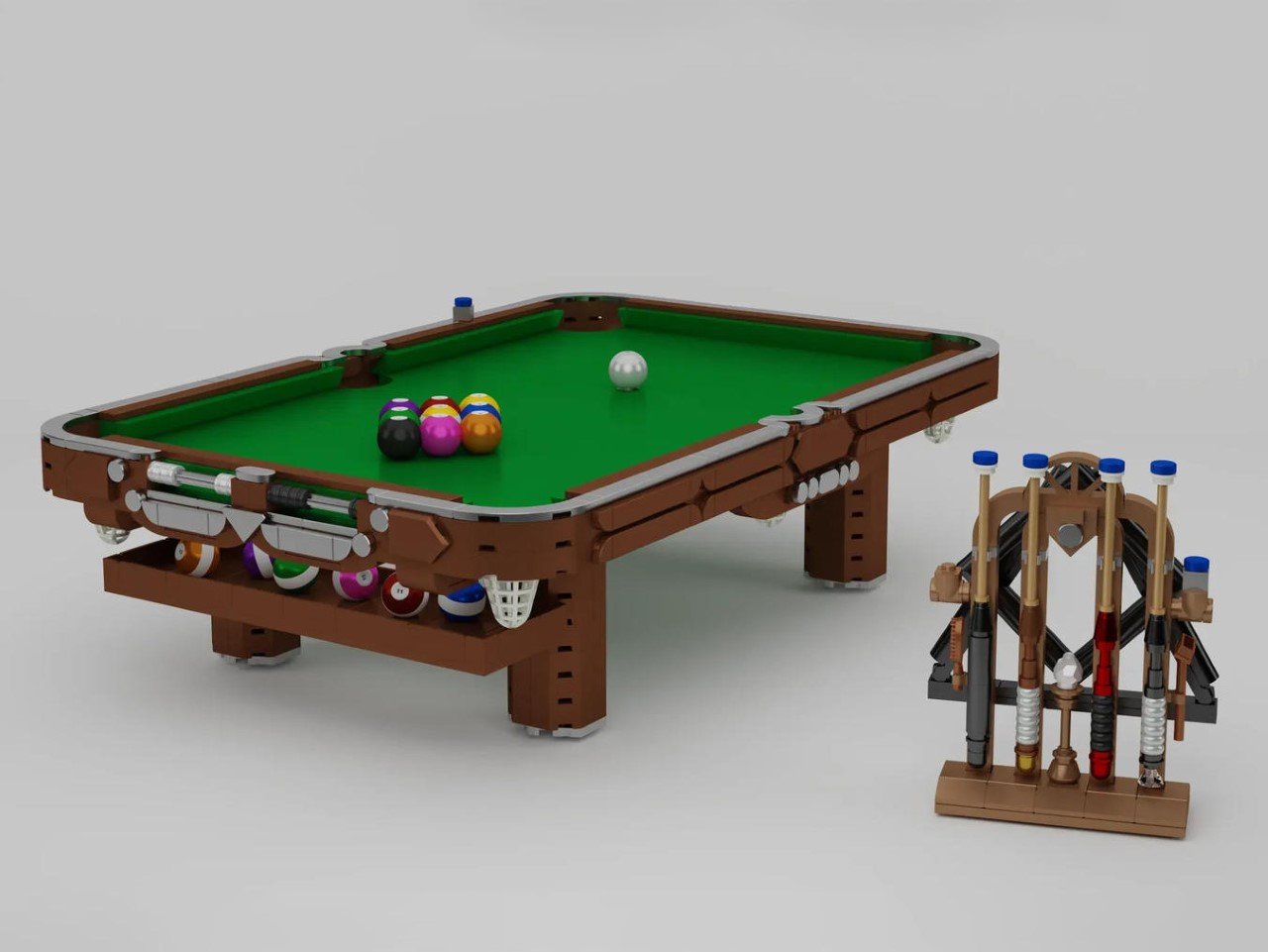 This miniature LEGO Billiards Table comes with every accessory from cue sticks to powder cubes!