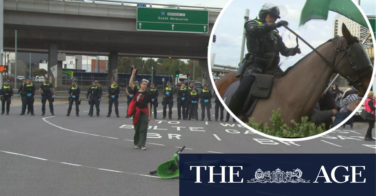 Chaos erupts as protesters march on weapons expo in Melbourne