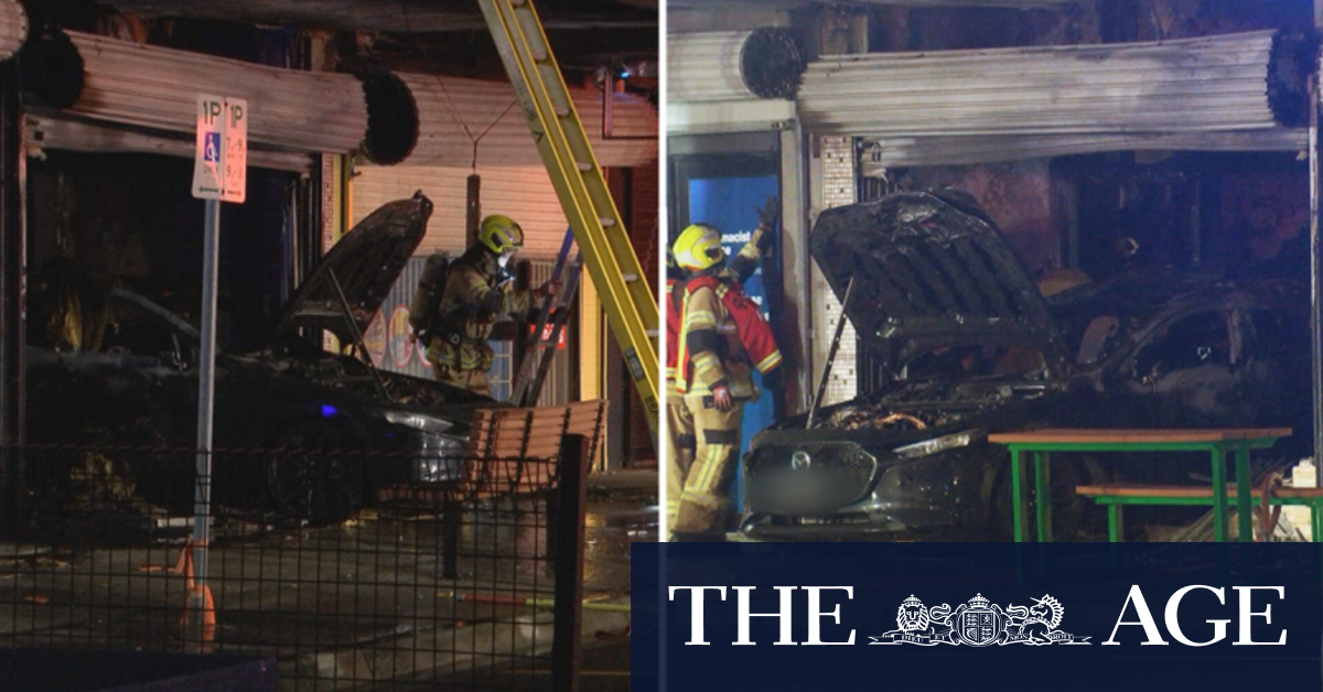 Fiery smash as car ploughs through a Melbourne barber shop