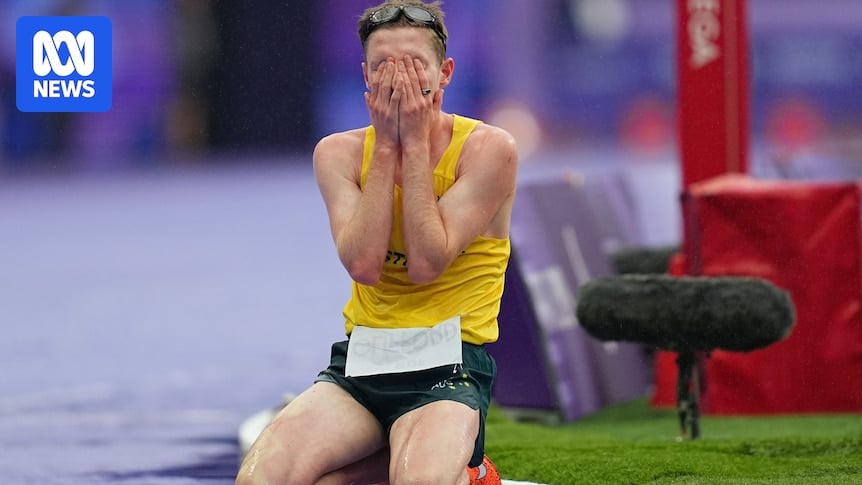 Jaryd Clifford curses his luck as James Turner celebrates a record on the track at the Paris Paralympics