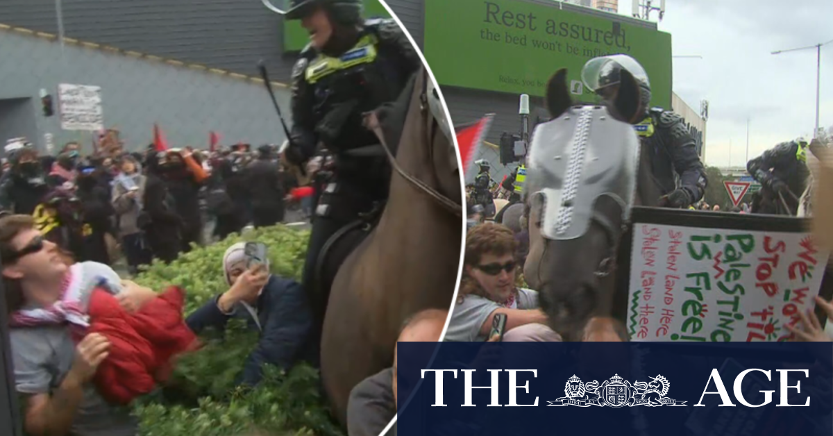 Protesters clash with mounted police