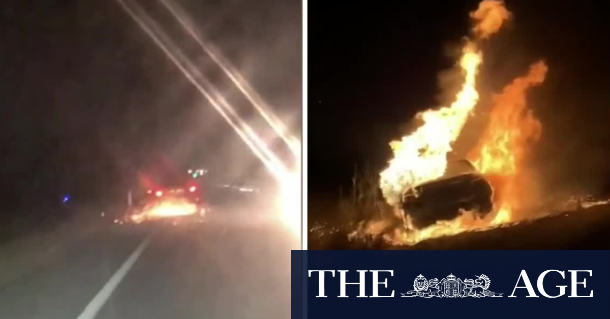 Terrifying moment stolen car catches on fire, explodes on road