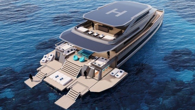 This New Solar-Electric Catamaran Comes With a Massive, Expandable Beach Club