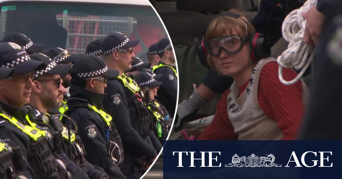 Women plunge arms in wet concrete during Melbourne protest