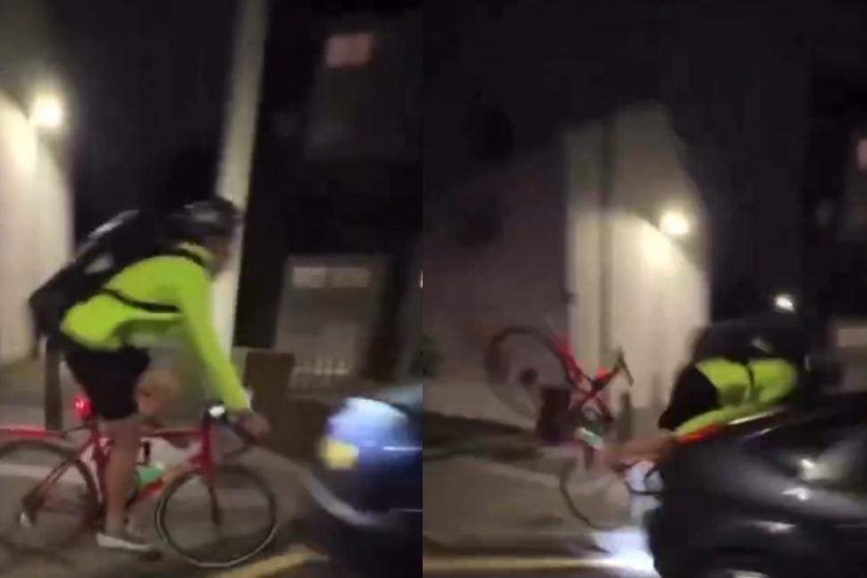 Shocking footage of cyclist pushed into parked car by masked motorbike rider