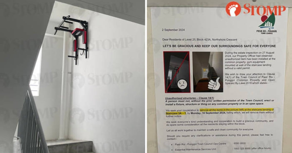 Gym equipment mounted on wall of Punggol staircase landing even after removal deadline