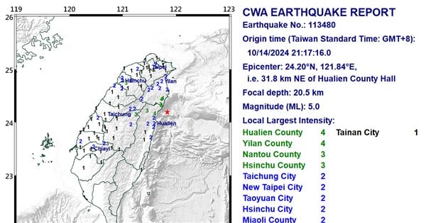 Magnitude 5.0 earthquake rocks eastern Taiwan