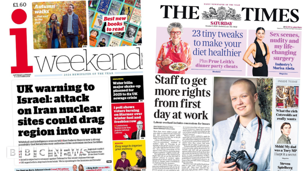 Newspaper headlines: 'UK warns Israel' and 'staff to get more rights'