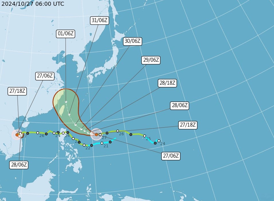 Storm Kong-Rey's projected course edges nearer to Taiwan